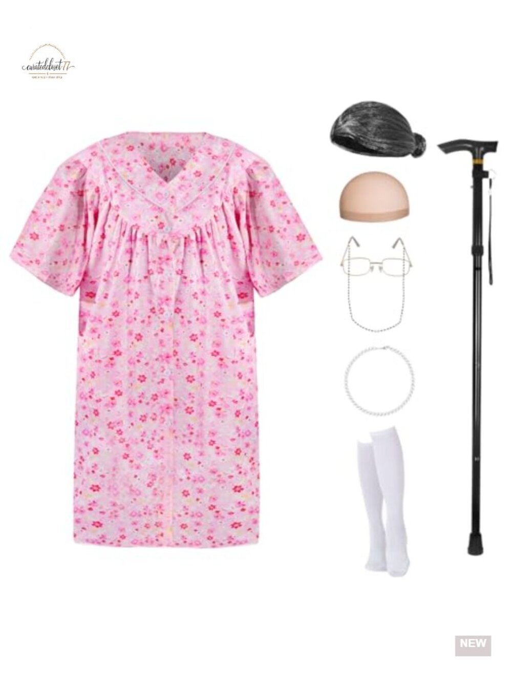 Granny Costume Kit 5-Piece Set with Wig Cane Glasses Necklace Stockings